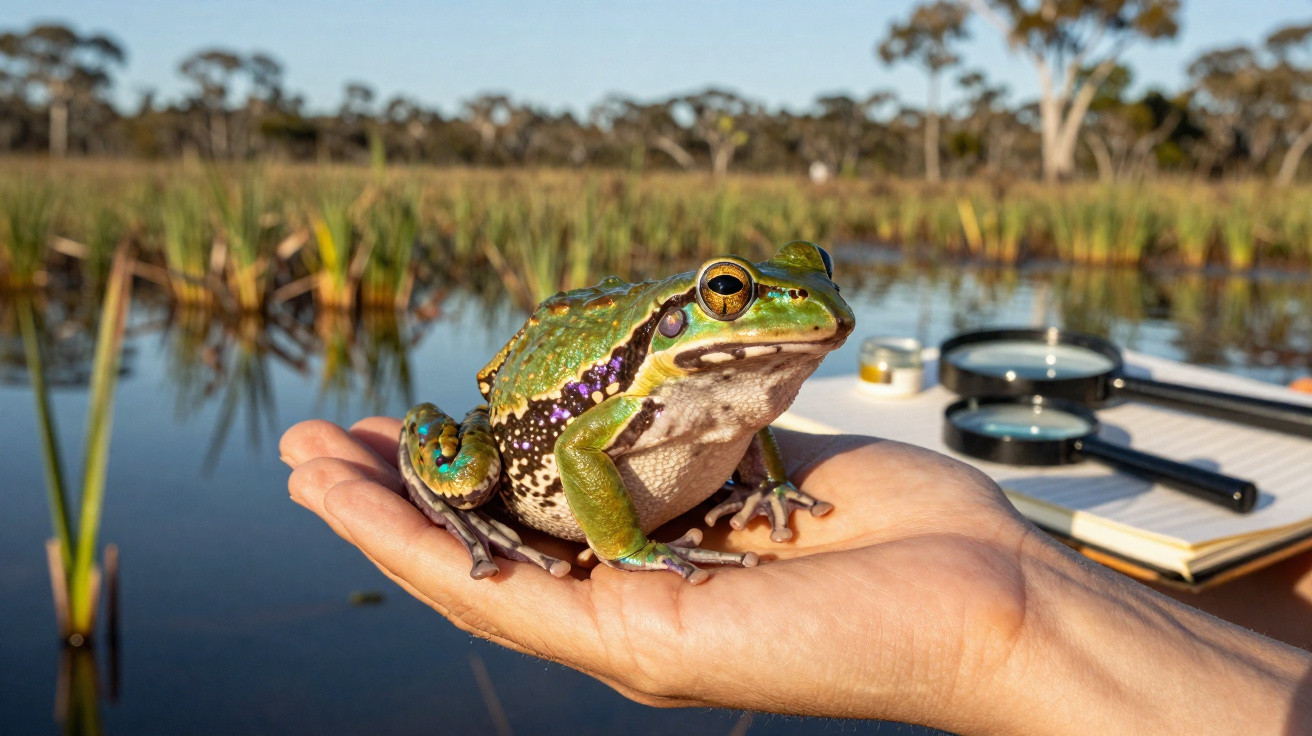 Sapo verde com manchas roxas sendo segurado na mão próxima a lagoa com vegetação e instrumentos de campo.