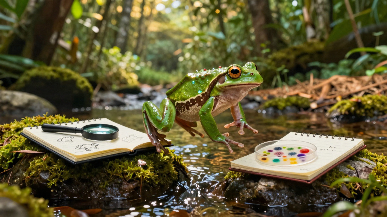 Rã verde saltando sobre um riacho entre blocos de anotações com desenhos e uma lupa na floresta.