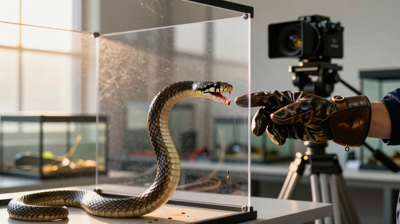 Cobra em caixa de vidro com boca aberta diante de mão enluvada apontando, com câmera ao fundo.