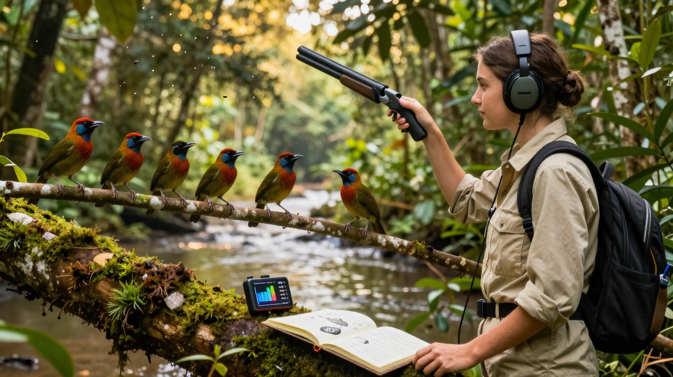 Pessoa em floresta usando aparelho para gravar sons de aves coloridas em galho próximo a rio.