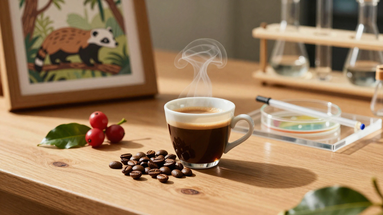 Xícara de café com fumaça, grãos de café e frutos sobre mesa de madeira com fundo desfocado.