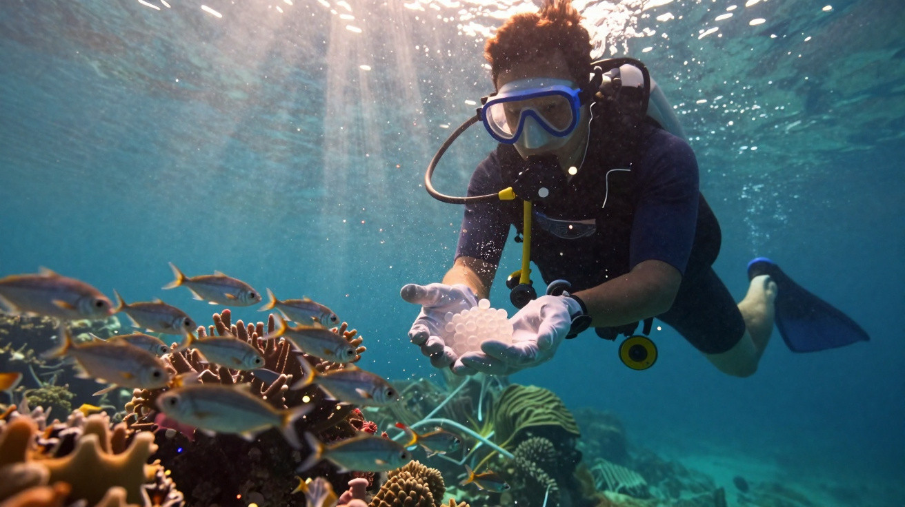 Mergulhador com roupa de neoprene e equipamento segurando objeto branco em recife de coral com peixes ao redor.