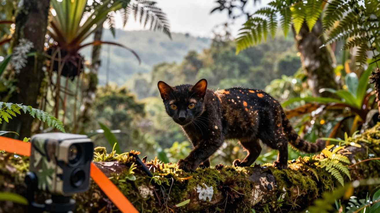 Gato-maracajá preto com manchas amarelas caminha sobre tronco coberto de musgo em floresta.