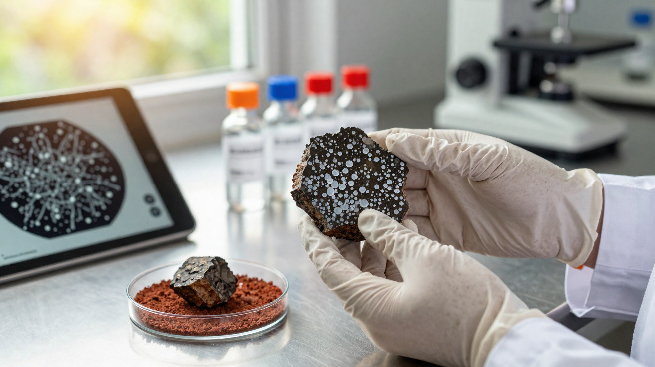 Pesquisador segurando pedaço de rocha com manchas brancas em laboratório científico.