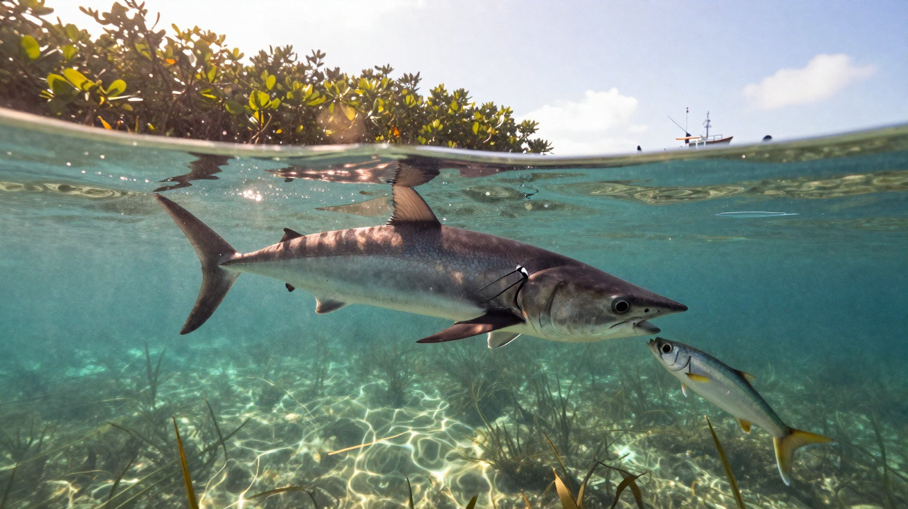 Peixe grande prestes a capturar um peixe menor em ambiente marinho raso próximo à superfície durante o dia.