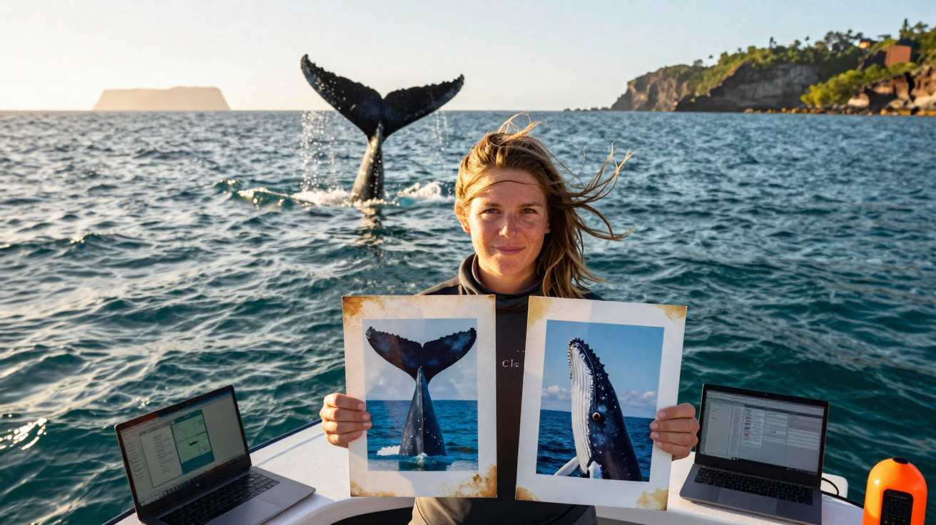 Mulher em barco mostra fotos de baleia com cauda levantada, com baleia real no mar ao fundo.