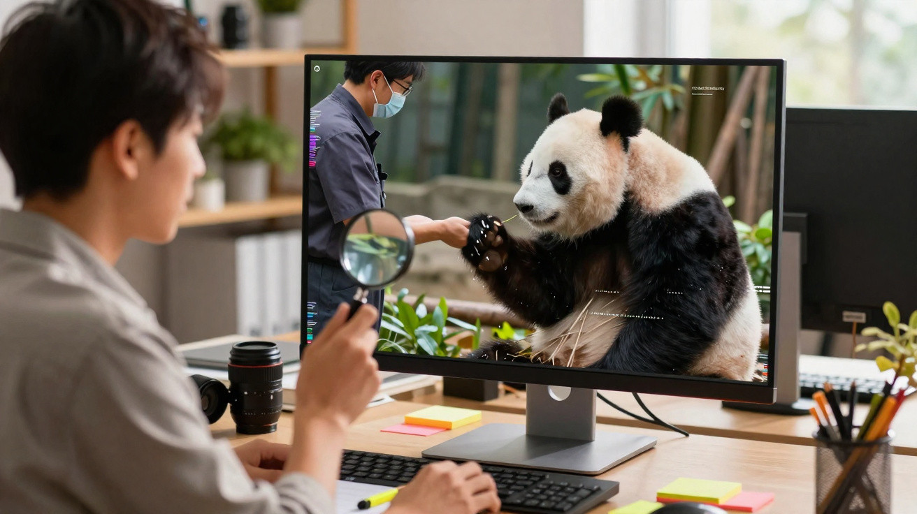 Pessoa observa na tela do computador a imagem de um panda interagindo com tratador usando máscara.
