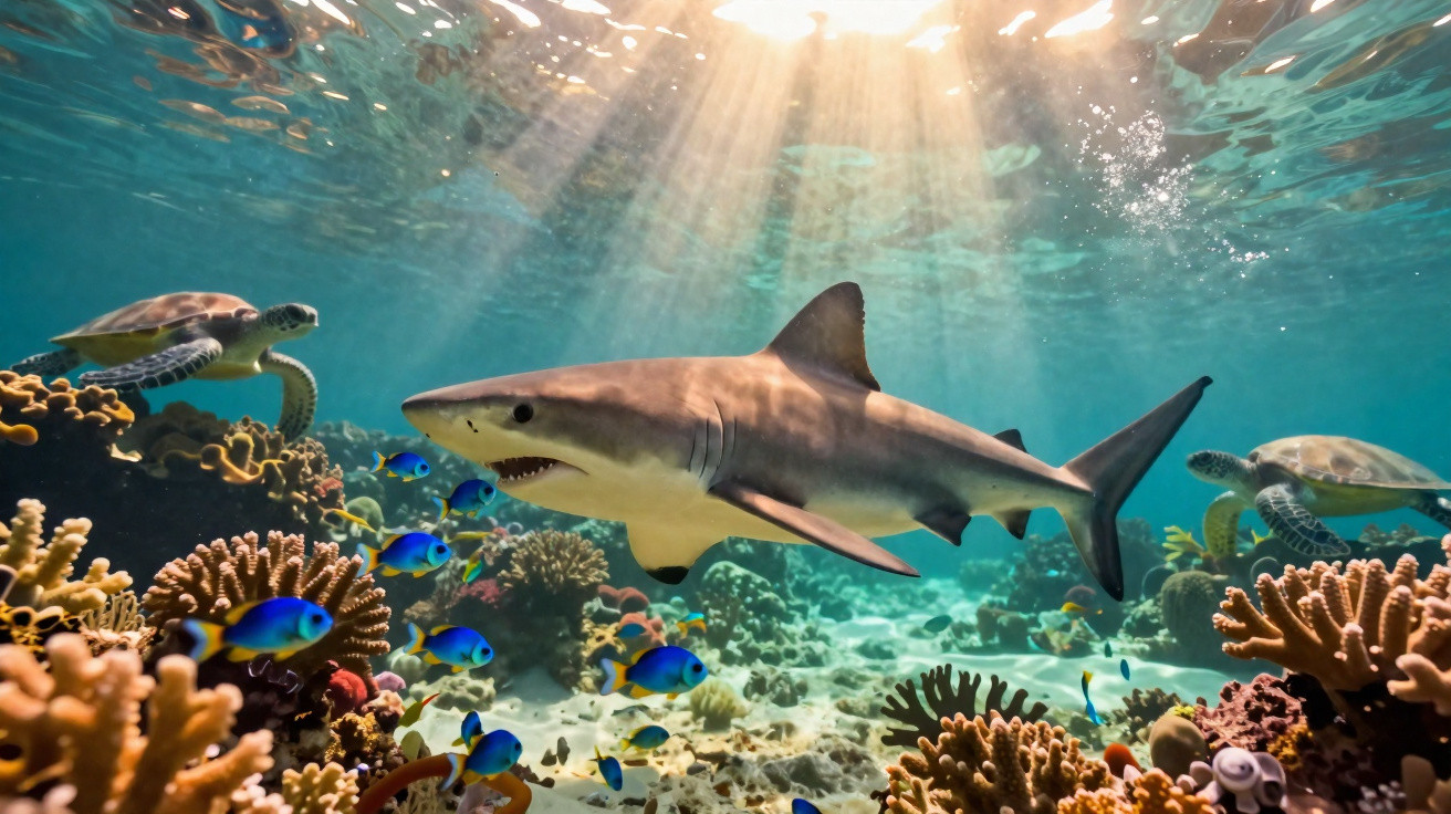Tubarão nadando entre corais coloridos, peixes azuis e tartarugas em águas claras iluminadas pelo sol.