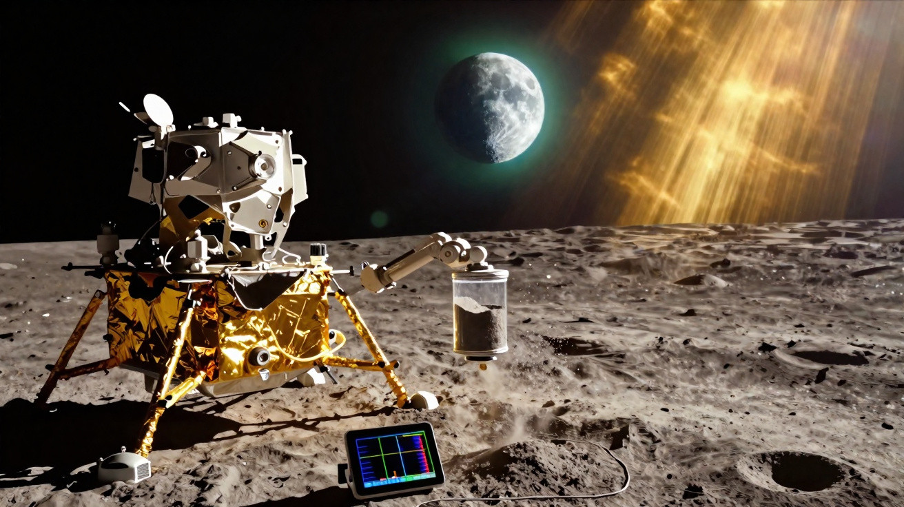Sonda lunar coletando amostra do solo lunar com a Terra ao fundo e raios solares iluminando a cena.