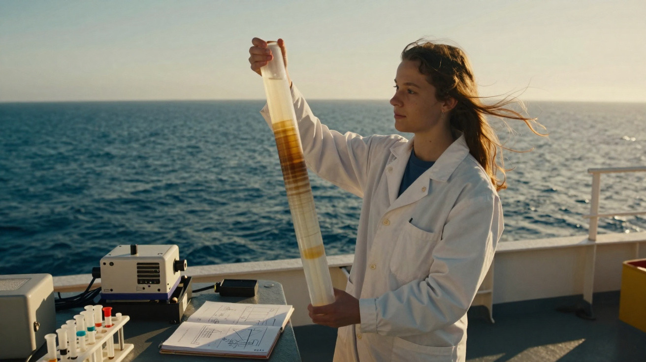Mulher cientista em jaleco analisa amostra de sedimento em tubo transparente no convés de navio no mar.