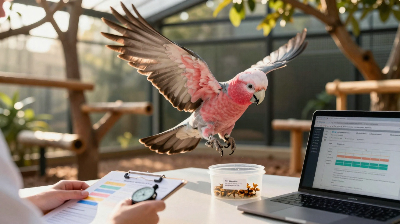 Papagaio rosa voando sobre mesa com laptop, recipiente de petiscos e pessoa segurando prancheta.