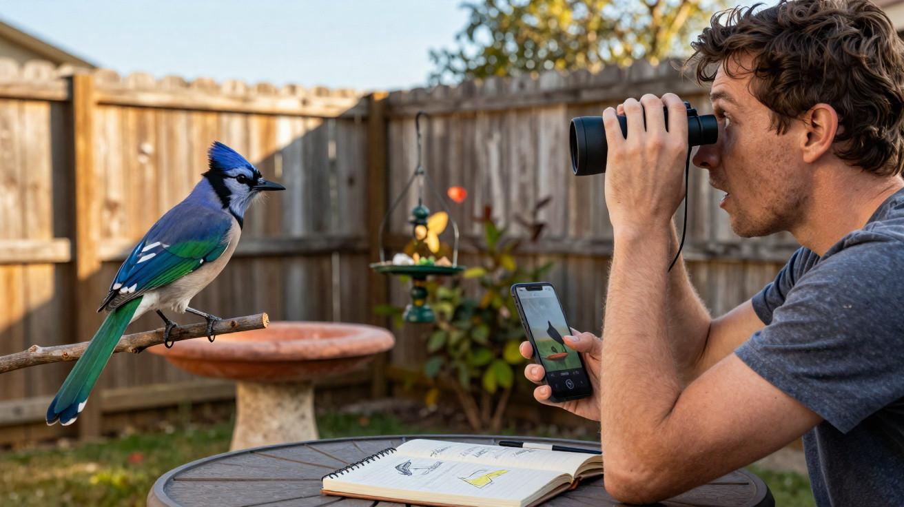 Homem observa pássaro azul no quintal usando binóculos e celular, com caderno aberto na mesa.