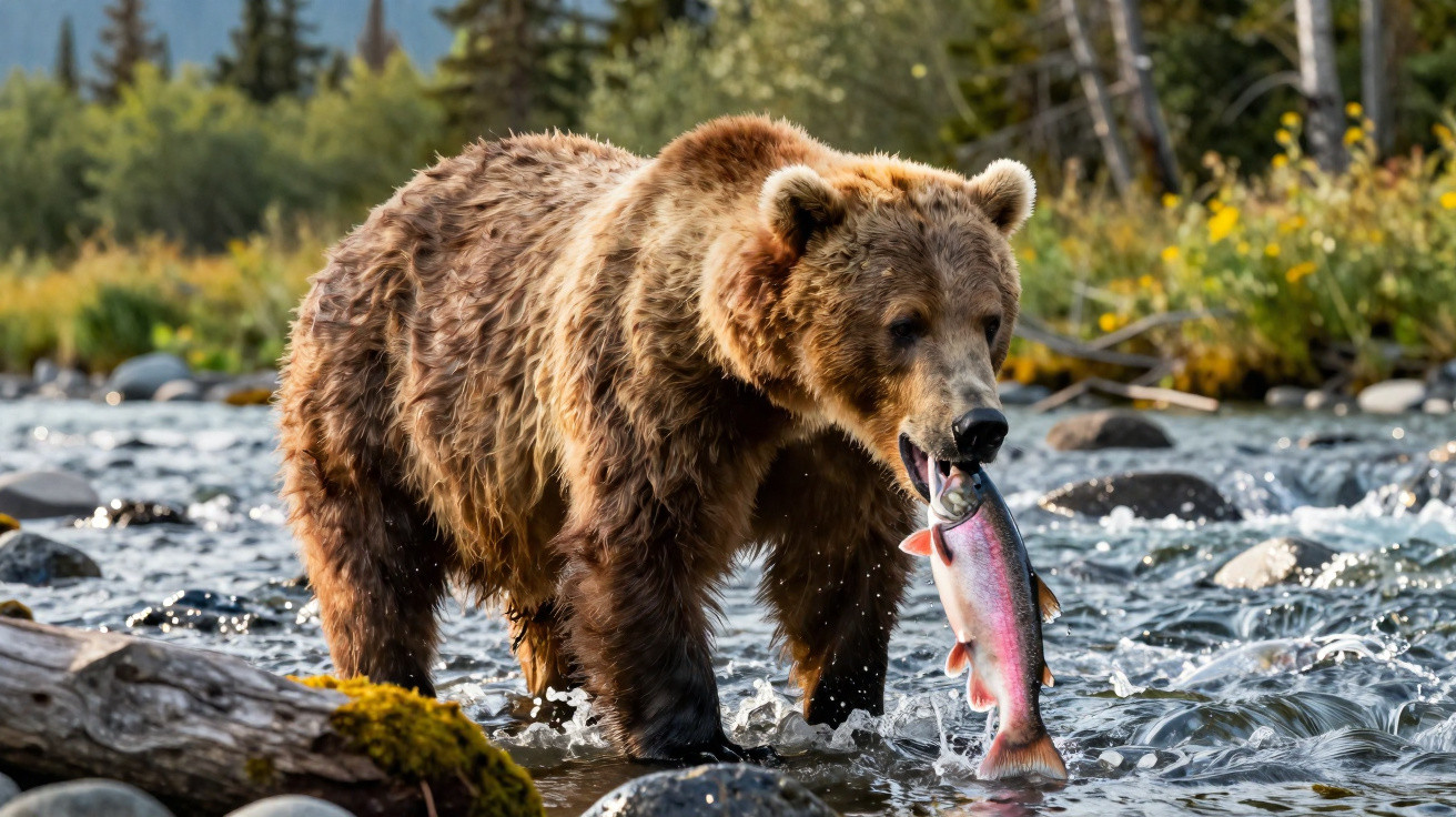 Urso marrom pescando salmão em rio com pedras e vegetação ao fundo.