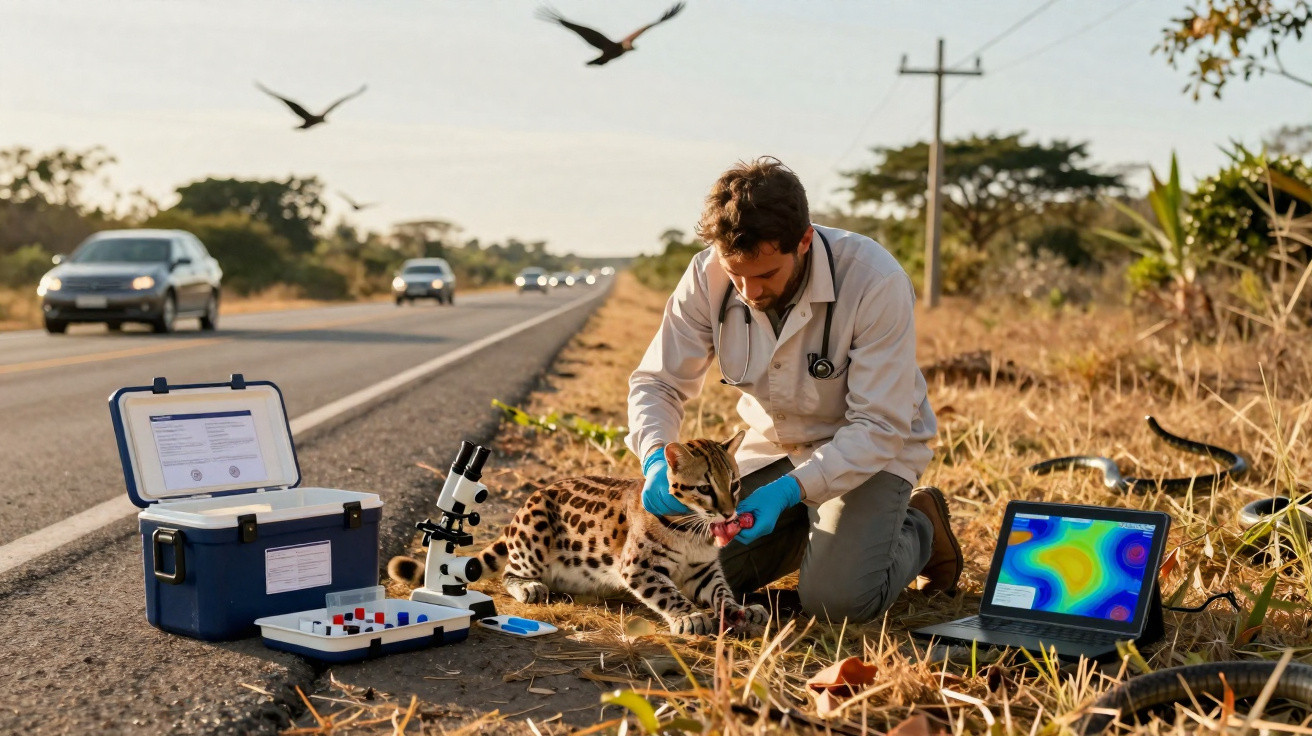 Veterinário examina gato-do-mato na beira da estrada com equipamentos científicos ao redor durante o dia.