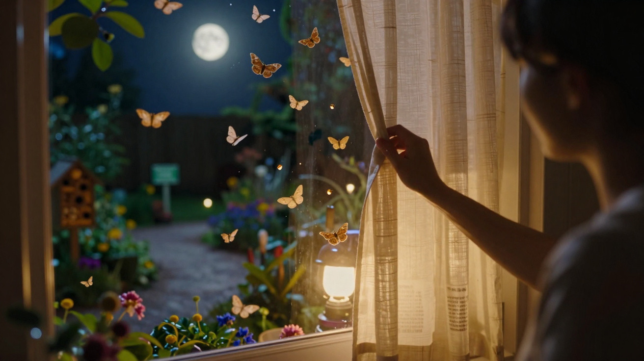 Pessoa abrindo a cortina à noite, vendo jardim com flores, borboletas iluminadas e lua cheia ao fundo.
