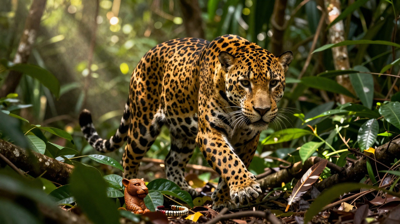 Onça-pintada caminhando pela floresta tropical com folhagens ao redor, destaque para seu olhar intenso.