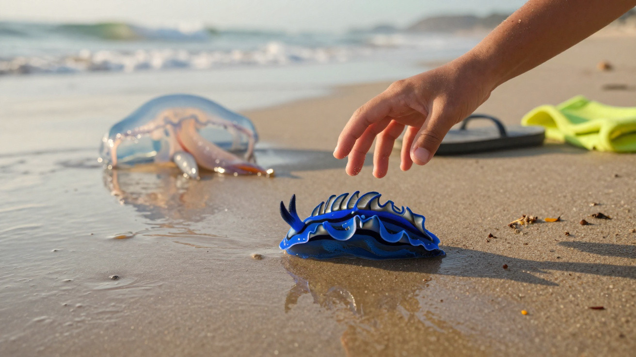 Mão de criança tentando pegar carabela portuguesa azul e roxa na areia molhada da praia ao amanhecer.