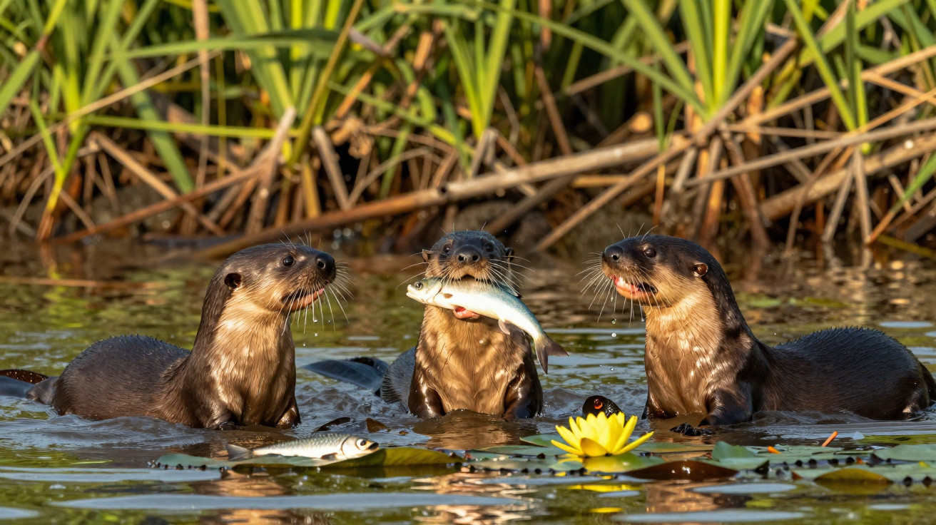 Três lontras na água, uma segurando um peixe, próximo a plantas e flor amarela.