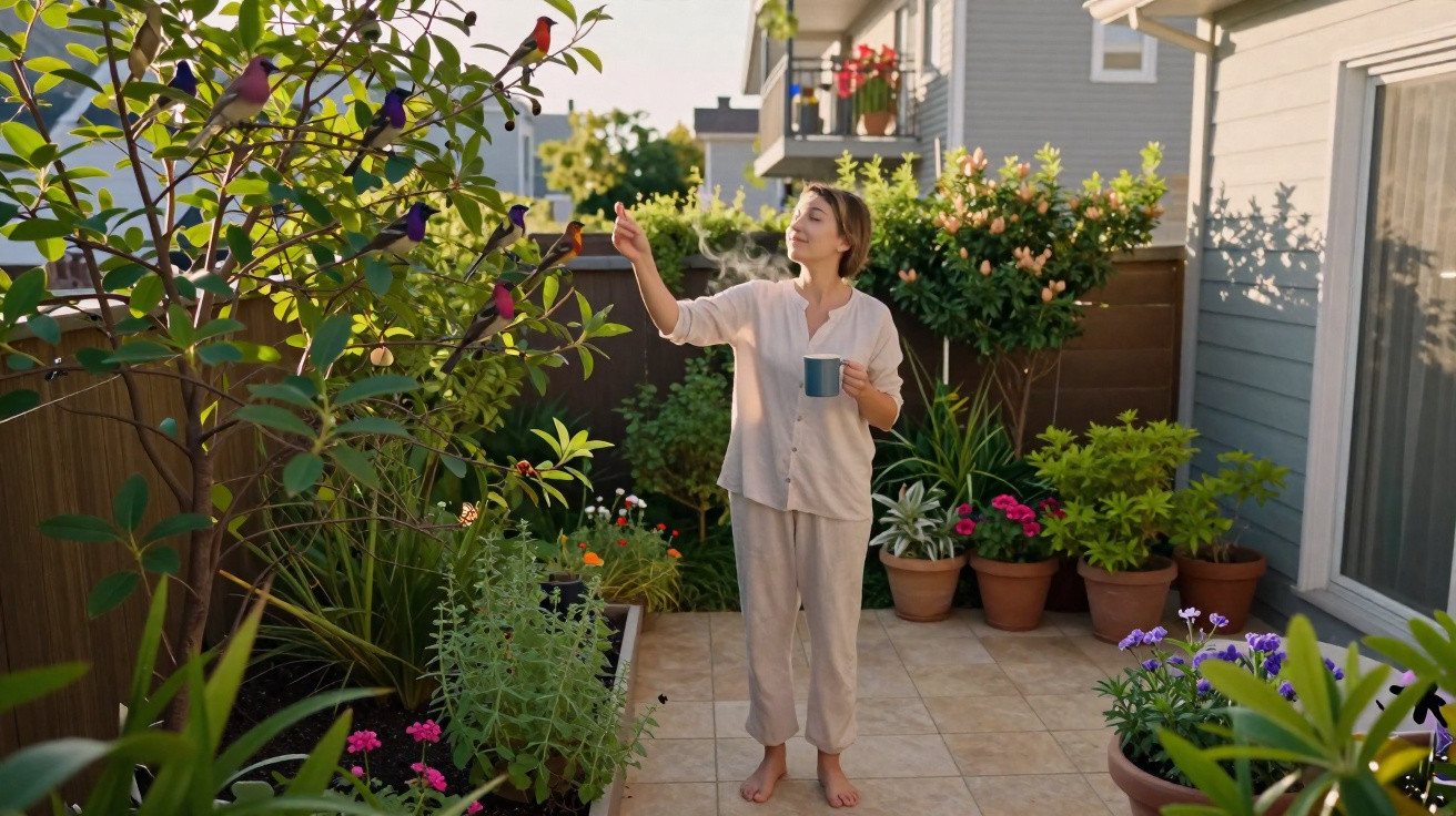 Mulher em pijama interagindo com pássaros em jardim com muitas plantas e flores em vasos.