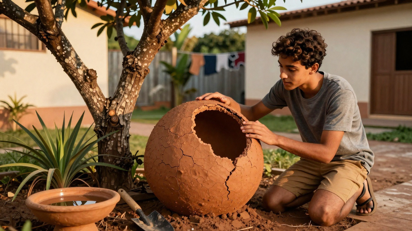 Jovem ajoelhado no jardim examina um grande vaso de barro quebrado ao lado de ferramentas e plantas.
