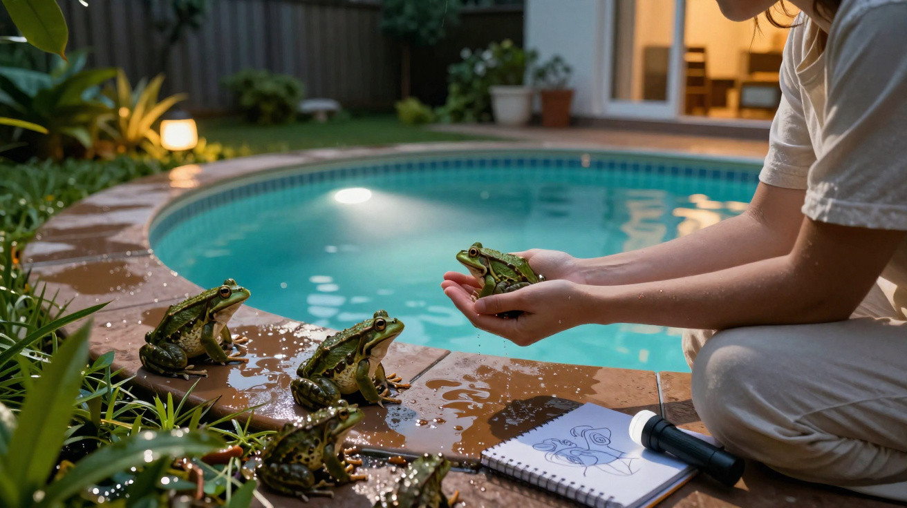 Pessoa segurando sapo perto de piscina à noite com outros sapos no chão molhado e caderno de desenho.