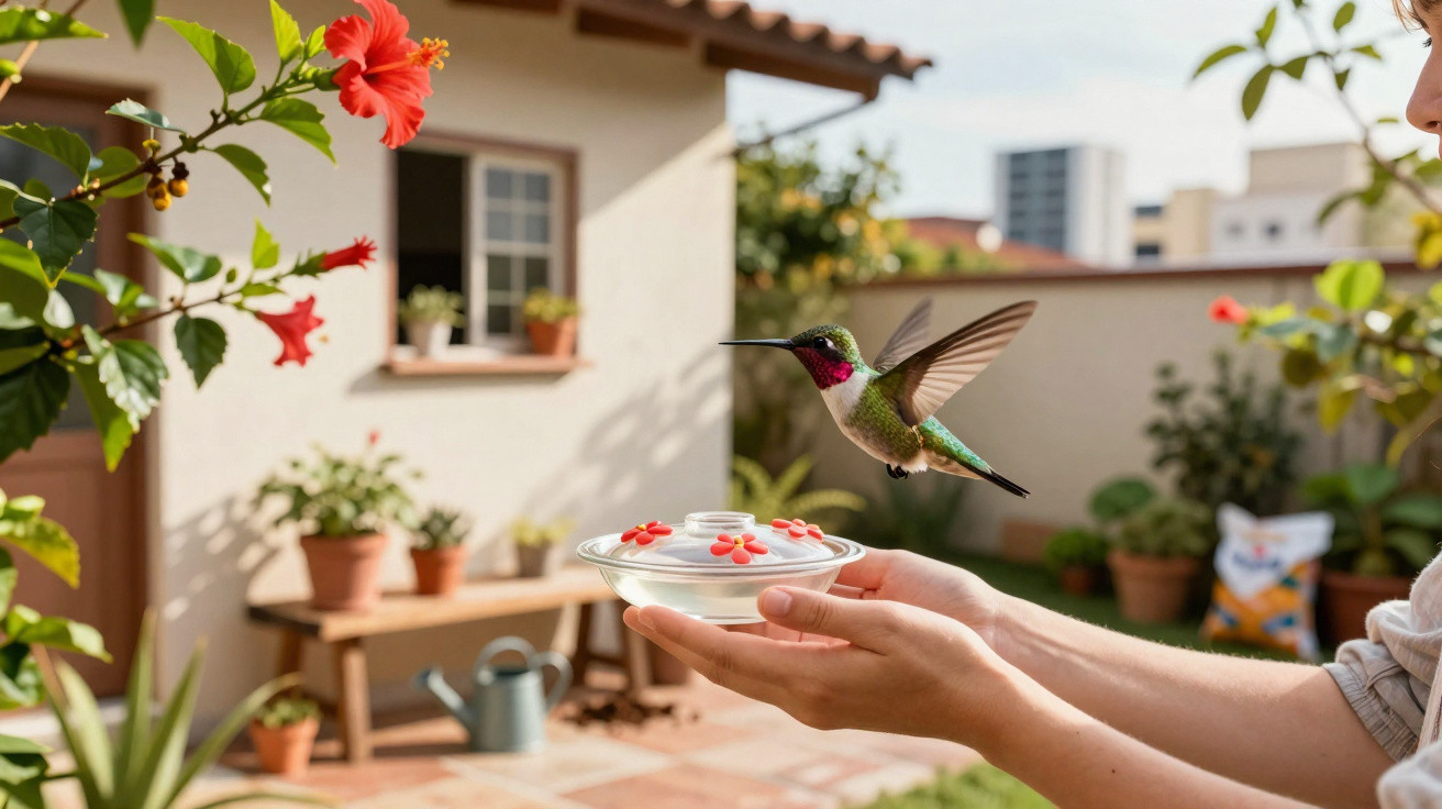 Mãos seguram bebedouro enquanto beija-flor paira próximo em jardim com flores vermelhas e vasos.