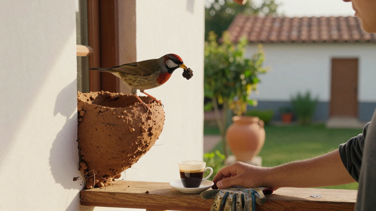 Pássaro construindo ninho de barro na parede enquanto pessoa segura xícara de café em varanda.