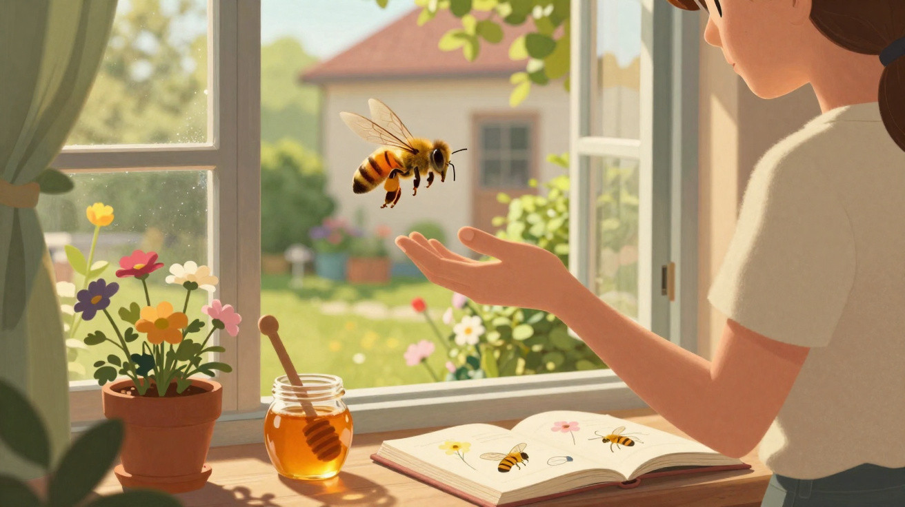 Pessoa observa uma abelha pousando na mão, com pote de mel, flores e livro aberto à janela ensolarada.