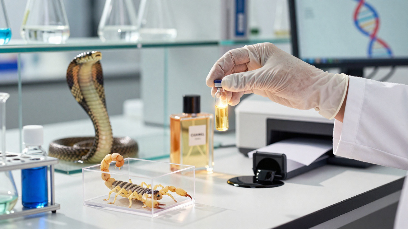 Mão com luva segurando frasco com líquido amarelo em laboratório com escorpião e cobra em exposição.