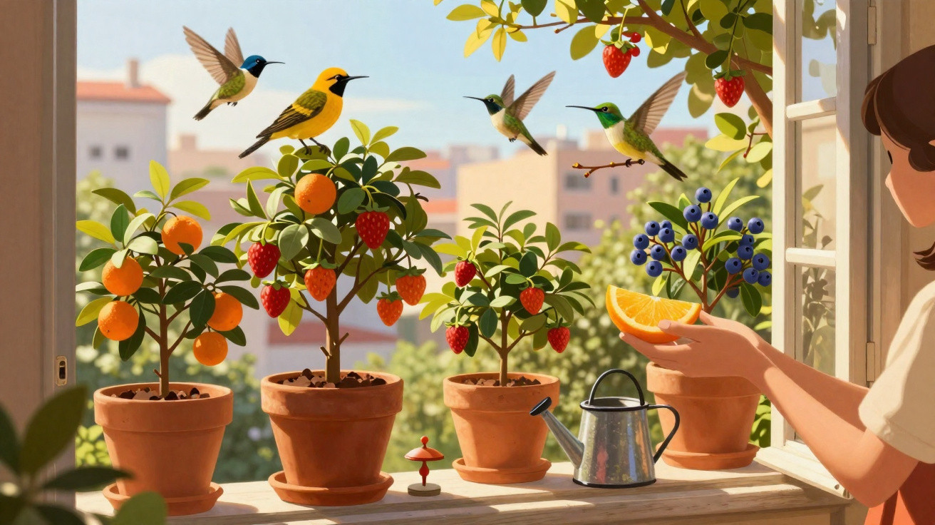 Pessoa alimenta pássaros com frutas em janela com vasos de plantas frutíferas e bebedouro para pássaros.