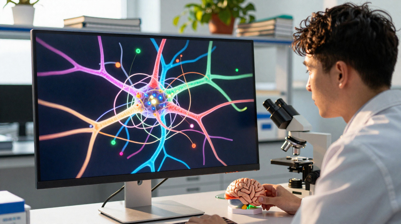 Pesquisador em laboratório observa modelo cerebral e neurônios coloridos em monitor de computador.