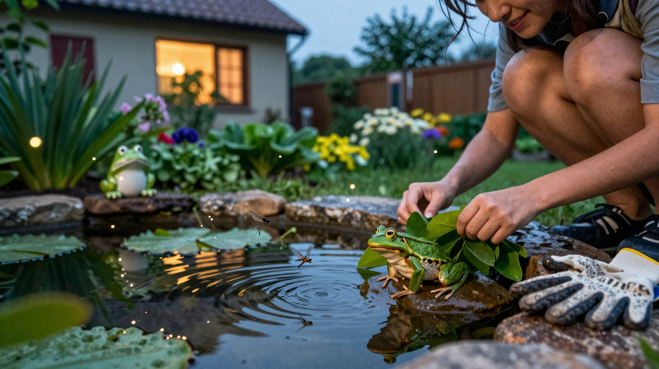 Pessoa coloca folhas em sapo próximo a lagoa em jardim com flores ao entardecer.