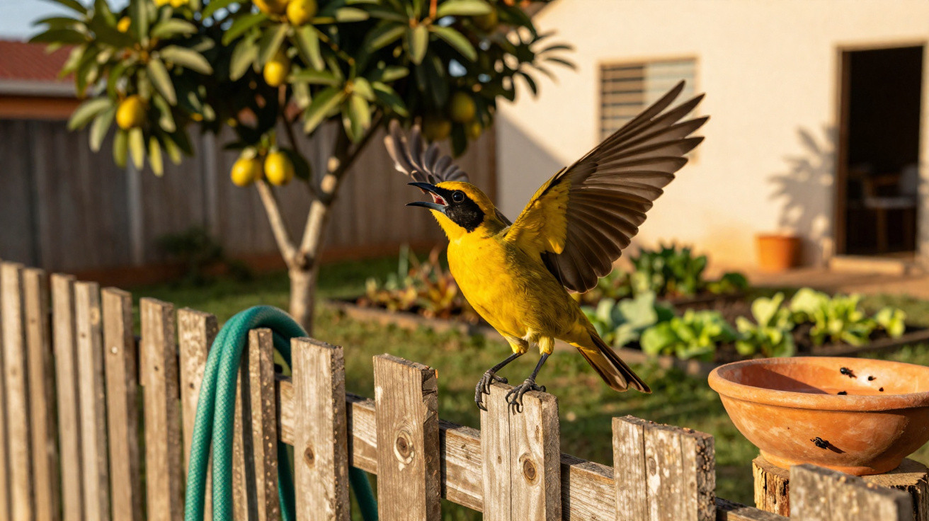 Pássaro amarelo com asas abertas pousado em cerca de madeira em jardim com árvore e vaso.