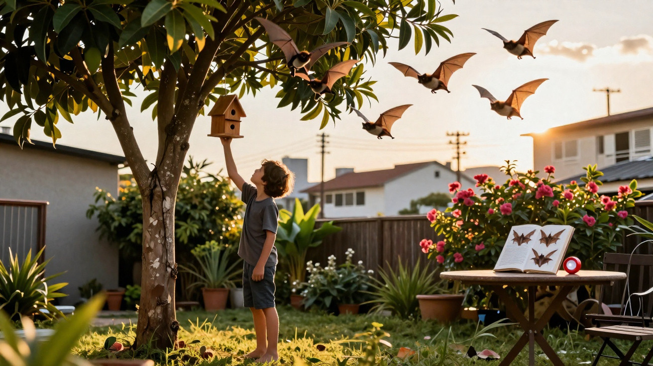 Criança no jardim pendura casinha em árvore enquanto morcegos voam ao pôr do sol.