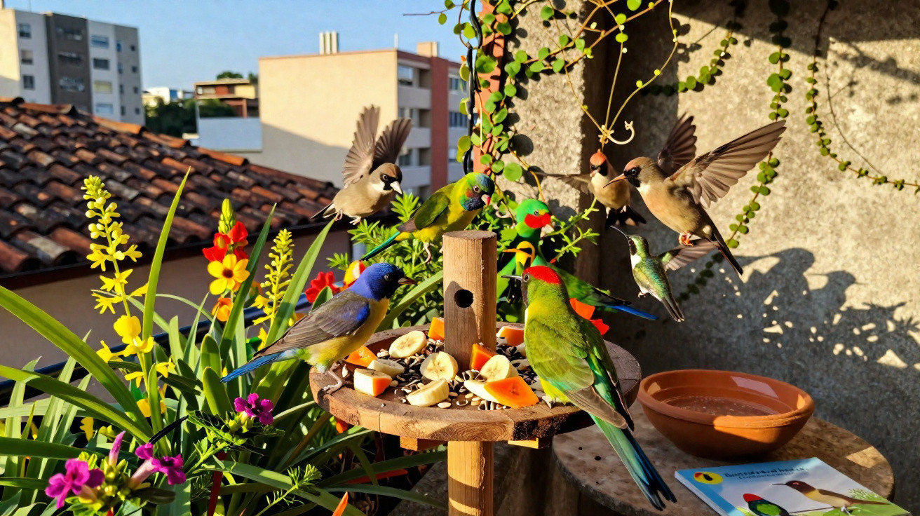 Pássaros coloridos e beija-flores alimentando-se de frutas em comedouro na varanda de apartamento.