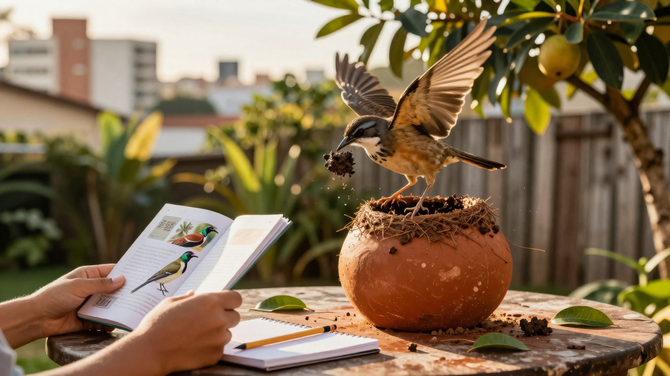 Pessoa lendo livro de pássaros enquanto um pássaro cava solo em vaso de barro, em mesa ao ar livre.
