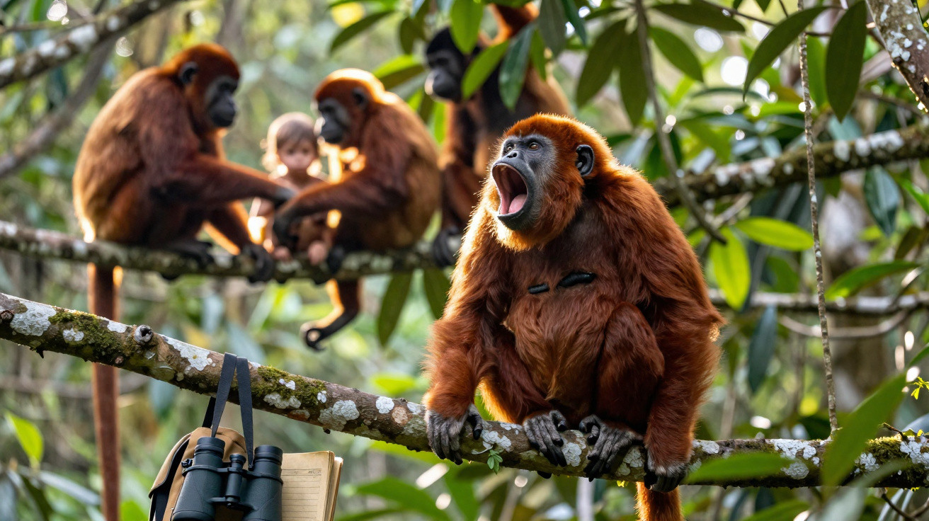 Macacos-prego de pelo avermelhado em galhos de árvore em ambiente de floresta tropical.