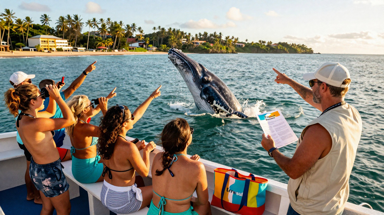 Pessoas em barco observam e apontam para uma baleia pulando perto da costa tropical ao pôr do sol.