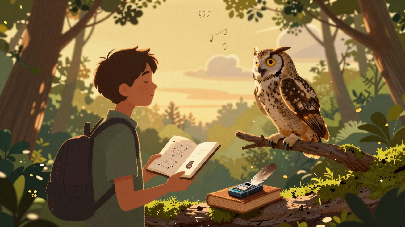 Menino com mochila lendo livro em floresta enquanto coruja canta sobre galho ao pôr do sol.