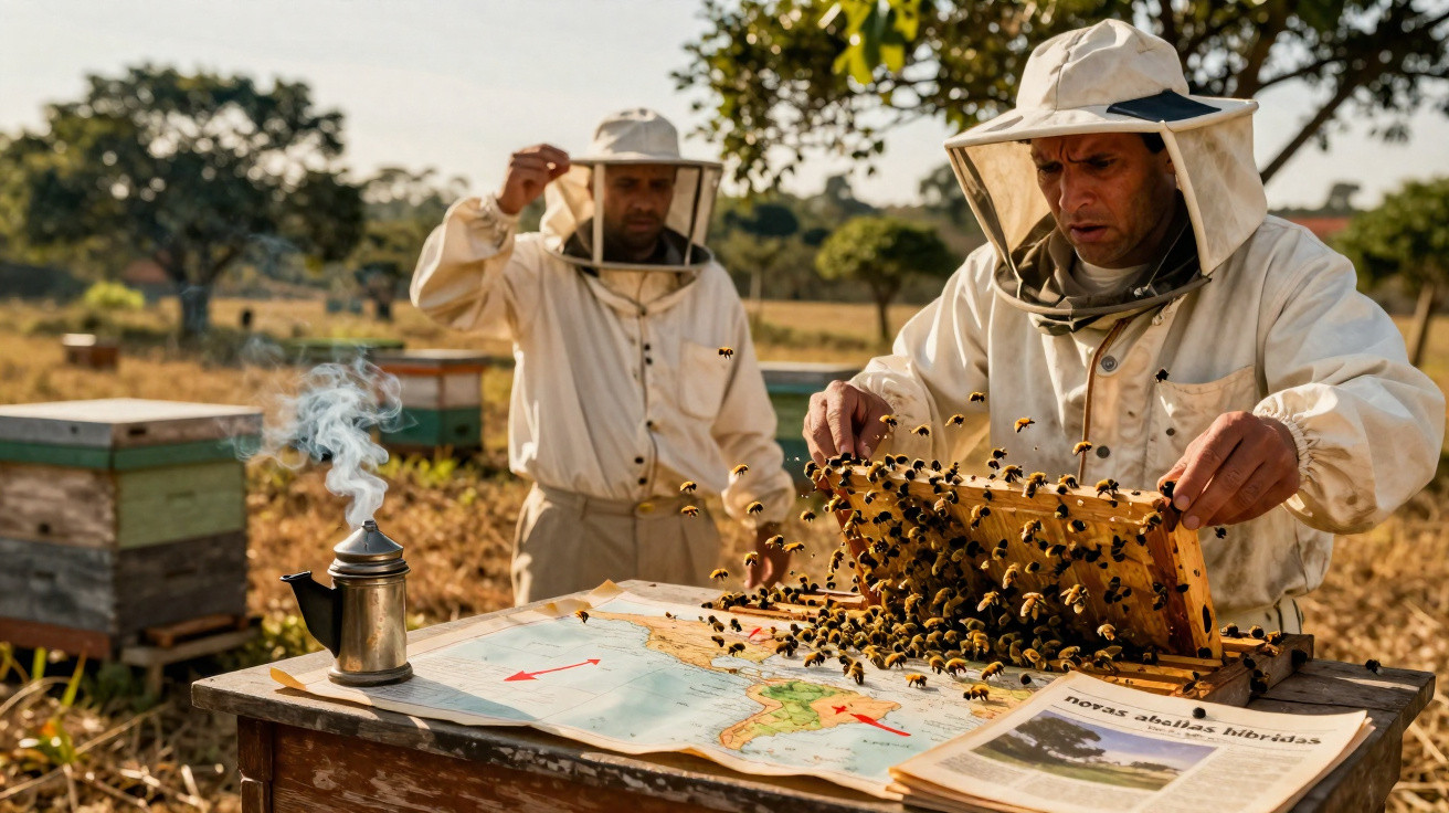Dois apicultores com roupas de proteção manuseiam colmeias em área rural ensolarada.