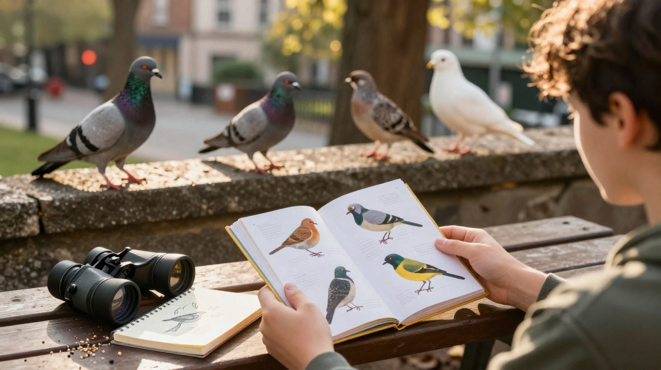 Pessoa segurando livro de identificação de pássaros próxima a um banco com binóculo e pombos na parede à frente.