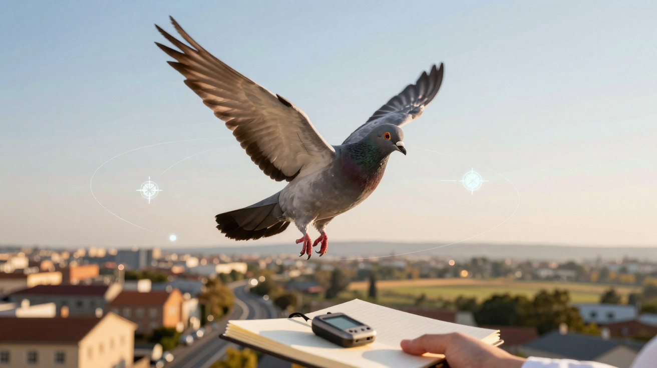 Pombo voando sobre caderno aberto e dispositivo, com cenário urbano ao fundo ao entardecer.