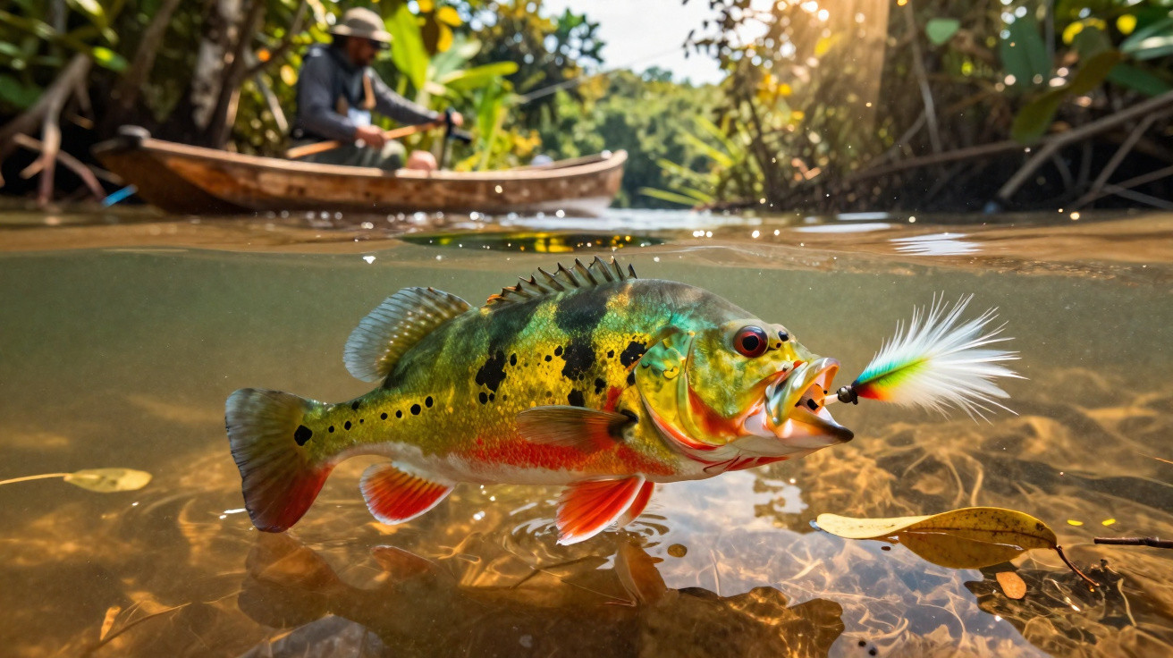 Peixe colorido com isca na boca em água clara, com pescador em barco de fundo, em rio cercado por vegetação.