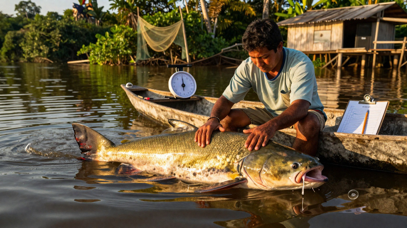 Homem segura peixe gigante na margem de rio ao lado de barco com balança e prancheta.