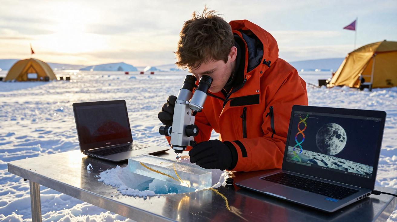 Cientista em roupa laranja examina amostra de gelo no microscópio em campo polar com laptops e tendas ao fundo.