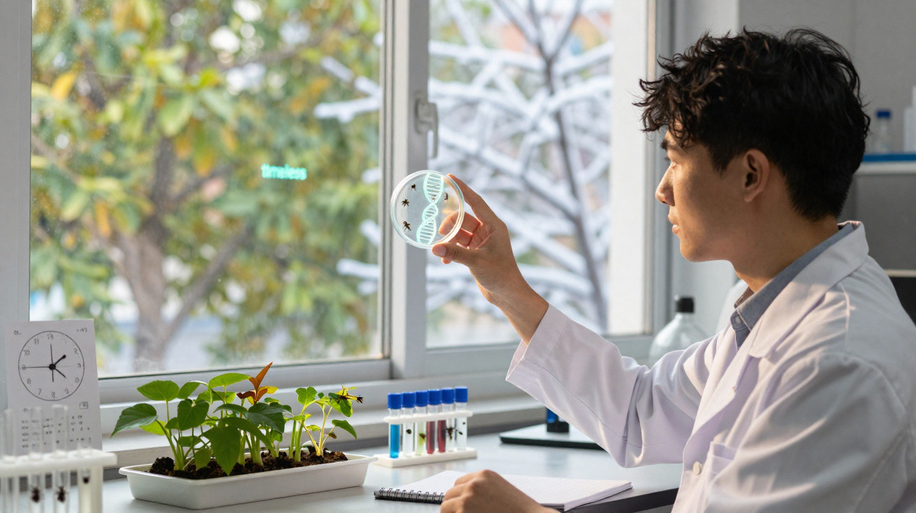 Cientista observa cultura em placa de Petri com imagem de DNA em laboratório com plantas e tubos de ensaio.