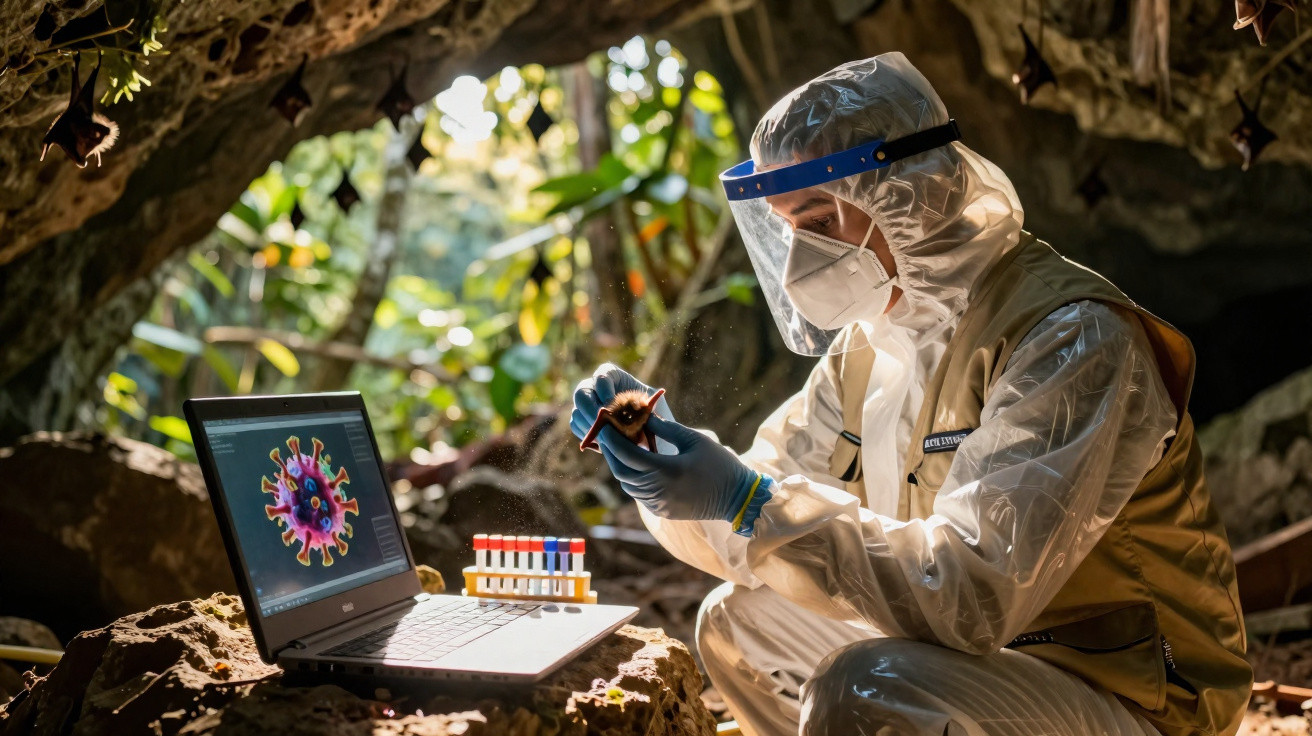 Pesquisador com equipamento de proteção coleta morcego em caverna para estudo de vírus na natureza.