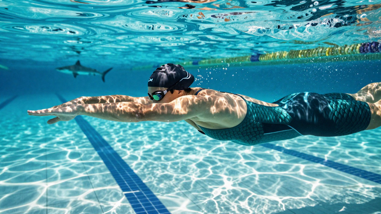 Mulher nadando em piscina com roupa de banho, touca e óculos, com tubarão ao fundo.