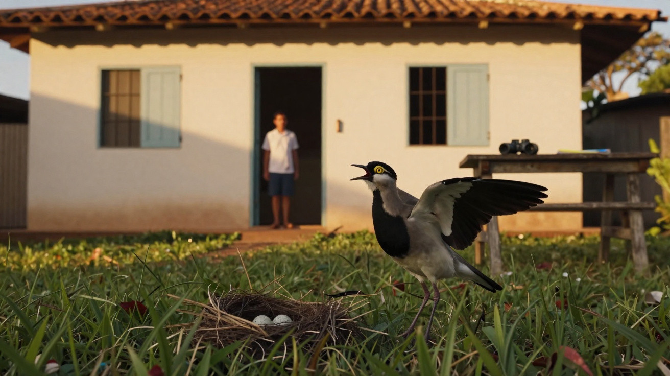 Pássaro pousado na grama ao lado de ninho com ovos, em frente a casa branca com criança na porta.