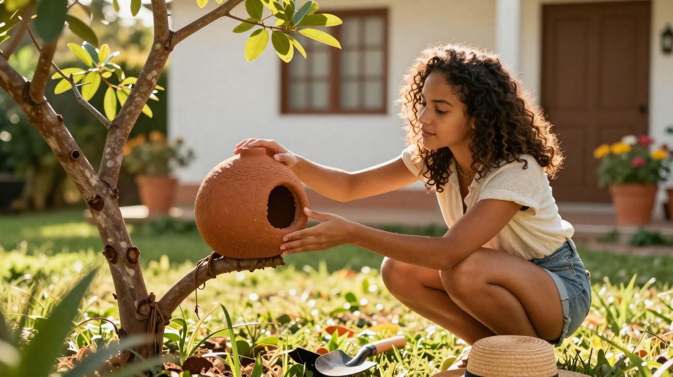 Mulher agachada arrumando casinha de pássaros em árvore no jardim de casa ensolarada.
